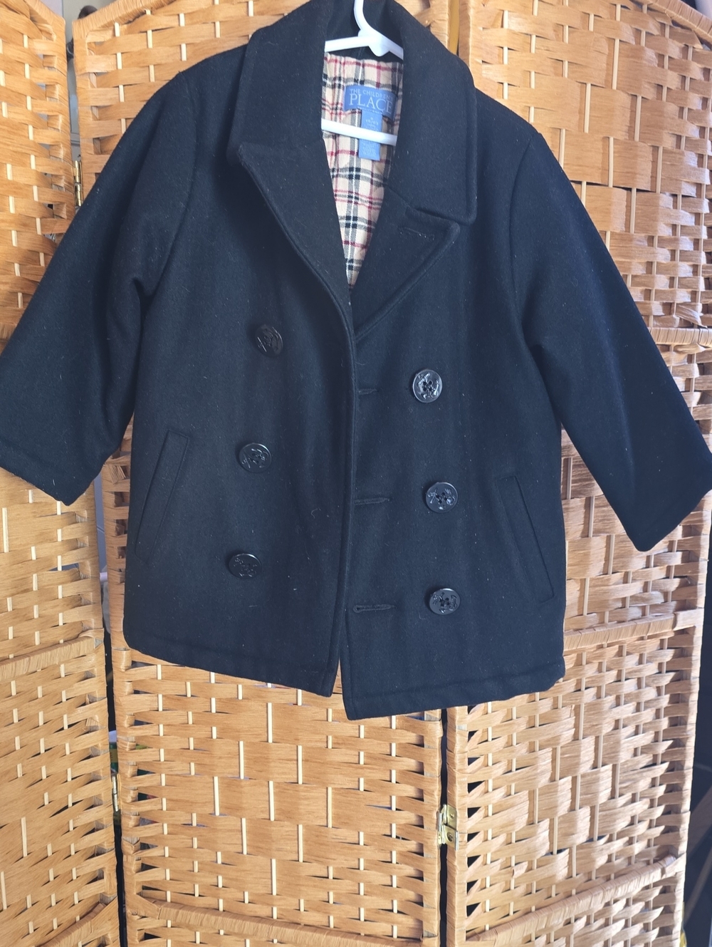 The Children's Place Black Double-Breasted Pea Coat with Plaid Lining